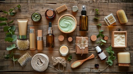 Assorted eco-friendly beauty and personal care products arranged neatly on a wooden surface, with greenery for a natural aesthetic.