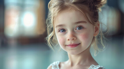 A smiling young girl with her hair loosely put up. A practicing ballerina taking a break. A cherubic innocent face with pale skin and rosy cheeks.