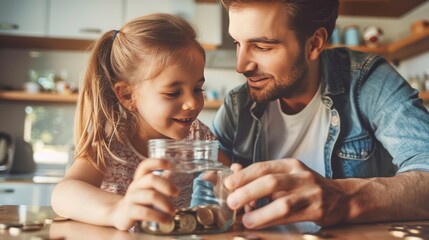 A young girl and her father smiling, counting coins into a glass jar in a warm, cozy kitchen setting.