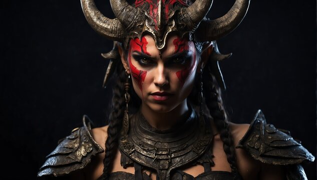 ancient female devil warrior portrait on plain black background from Generative AI