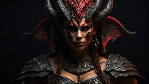 ancient female devil warrior portrait on plain black background from Generative AI