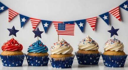 4th of July cupcake, cupcakes with flags, American Independence Day, Memorial Day, US Independence Celebration, American Tribute Day - obrazy, fototapety, plakaty