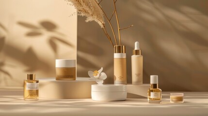 Fototapeta na wymiar Luxury skincare products elegantly displayed against a neutral backdrop with soft shadows cast by natural light and plant silhouettes.