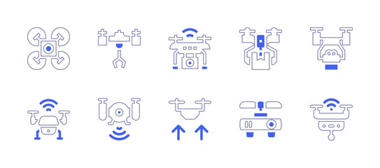 Drone icon set. Duotone style line stroke and bold. Vector illustration. Containing drone, smart drone, drone delivery.