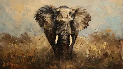 Foto op Plexiglas Oil painting wallpaper of elephants the symbol of power and power of greatness © DrPhatPhaw