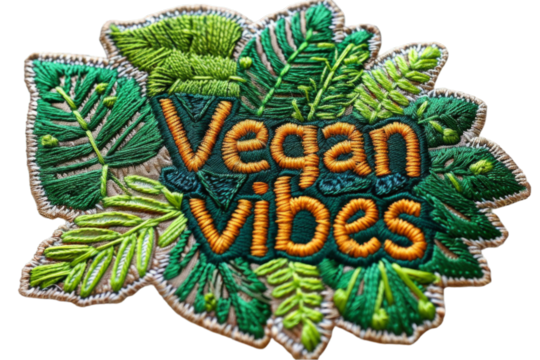 Vegan Vibes text surrounded by green leaves. Embroidered patch badge with golden and green threads isolated on transparent background. Eco-conscious and botanical fashion concept