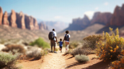 family with small children hiking in desert, view from behind. Sunny day with mountains in background