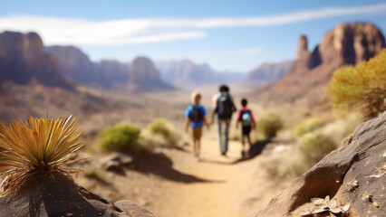 Fototapeta premium family hiking in desert, view from behind. Sunny day with mountains in background