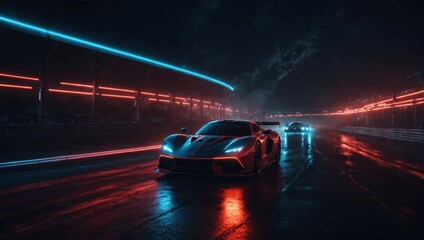 Speeding race car and light trails, night and dark road background with glowing lights.
