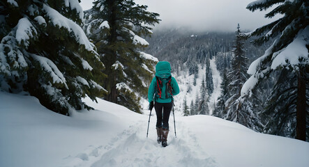 Mountain hiking trail and a hiker traveling in a cold environment with nature around. 