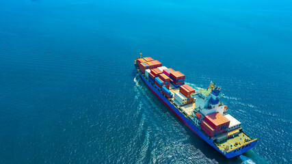 Aerial view of the freight shipping transport system cargo ship container. international...