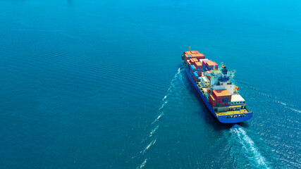 Aerial view of the freight shipping transport system cargo ship container. international transportation Export-import business, logistics, transportation industry concepts	