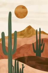 A contemporary mid-century modern poster template featuring an abstract cactus in a boho style, with minimal mountain backgrounds. 
