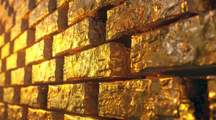 A monumental wall crafted entirely from gleaming gold - obrazy, fototapety, plakaty