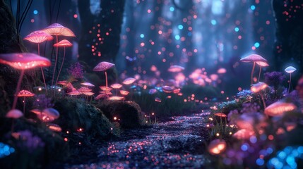 Colorful bioluminescence plants in forest, Exotic mushrooms and flowers glowing path, fireflies, Pandora planet at night, blue and pink glow
