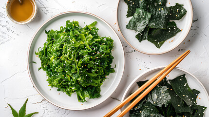 Japanese raw vegan delicious chuka wakame salad and seaweed nori salad with sauce, in a plate on a white table.