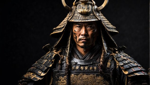 ancient samurai warrior portrait on plain black background from Generative AI