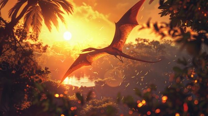 AI-generated majestic dinosaurs in a prehistoric landscape. Pterodactyl. Vivid colors and details bring these ancient creatures to life. - obrazy, fototapety, plakaty