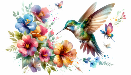Fototapeta na wymiar Watercolor Hand Drawing: Fluttering Petals - A Hummingbird Capturing the Essence of Nature Dance in Close Up Small Animal Double Exposure Photo - Stock Construction Concept