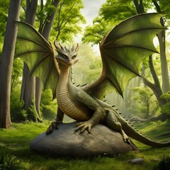 Forest dragon with wings sitting on stone in green woods.