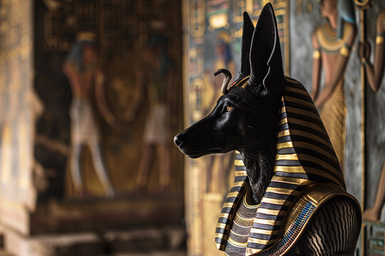 Side view of egyptian god Anubis with head of a jackal