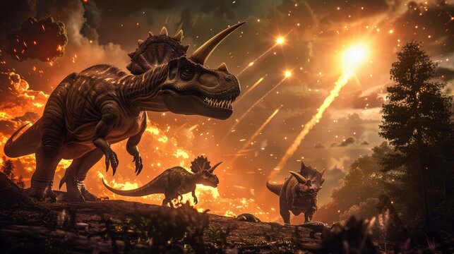AI-generated majestic dinosaurs in a prehistoric landscape. Global Earth disaster. The concept of dinosaur extinction.