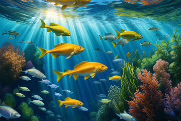 An underwater scene with various species of fish swimming among colorful coral reefs, with sunlight streaming through the ocean's surface above.