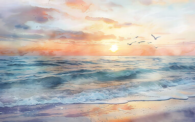 Watercolor Painting of a calmness beach scene at sunset with Waves of Sandy Beaches and a Colorful Sky at Sunrise.  - obrazy, fototapety, plakaty