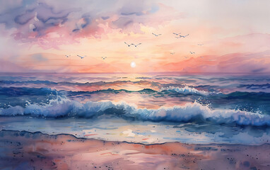 Watercolor Painting of a calmness beach scene at sunset with Waves of Sandy Beaches and a Colorful Sky at Sunrise.  - obrazy, fototapety, plakaty