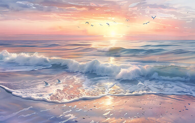 Fototapeta premium Watercolor Painting of a calmness beach scene at sunset with Waves of Sandy Beaches and a Colorful Sky at Sunrise. 
