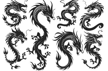 a set of black and white dragon tattoos