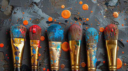 A vibrant product shot showcasing a set of colorful paint brushes, Ai generated 