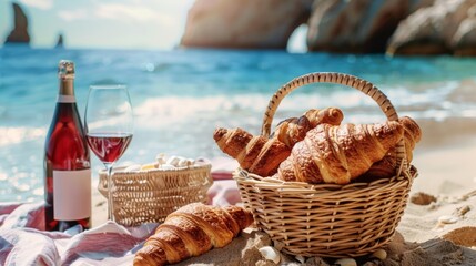 A basket of croissants and a glass of wine on a beach