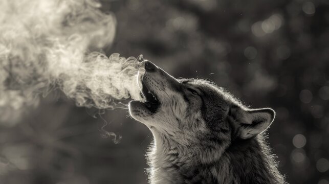 A black and white photo of a wolf with smoke coming out of its mouth