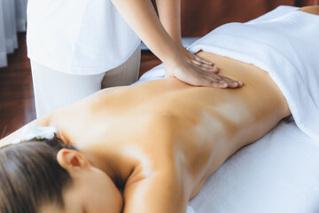 Caucasian woman customer enjoying relaxing anti-stress spa massage and pampering with beauty skin...