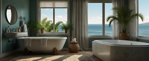 Coastal Calm: A Realistic Interior Design with Nature - Coastal Bathroom featuring Breezy Linens and a Refreshing Seaside Escape with Potted Palm