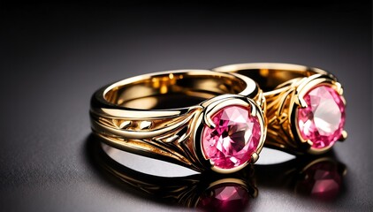pair of gold rings with pink gemston plain black background from Generative AI