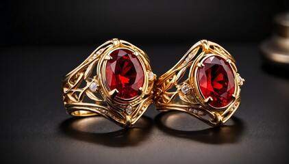 pair of gold rings with red gemston plain black background from Generative AI