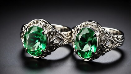 pair of silver rings with green gemston plain black background from Generative AI