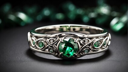 pair of silver rings with green gemston plain black background from Generative AI