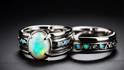 pair of silver rings with opal gemston plain black background from Generative AI