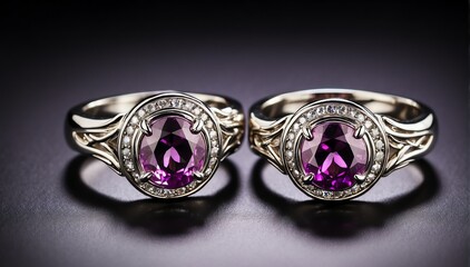 pair of silver rings with purple gemston plain black background from Generative AI
