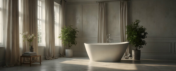 Fototapeta na wymiar Ethereal Bathroom with Delicate Draperies and Jasmine Plant for a Dreamlike Quality in Realistic Interior Design with Nature