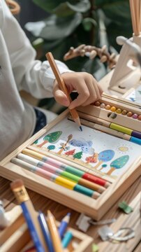 A child is drawing with colored pencils on a table