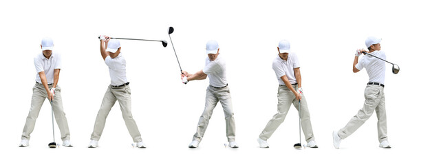 Golfer driver swing sequence isolated on white background.