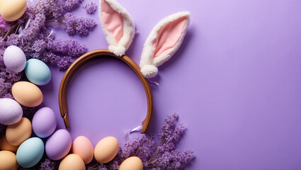A brown rabbit sits in front of a purple background with purple flowers and colored Easter eggs.

