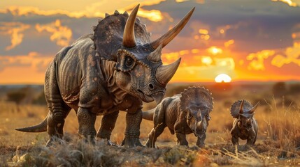 Fototapeta premium AI-generated majestic dinosaurs in a prehistoric landscape. Triceratops. The concept of time when dinosaurs ruled the Earth.