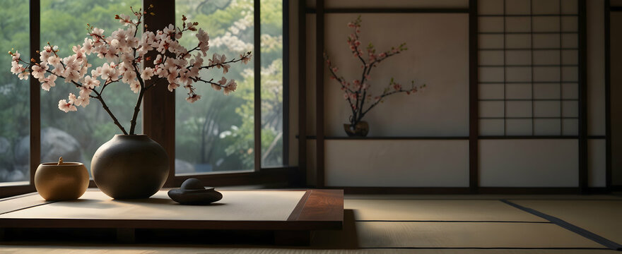 Japanese Zen bedroom with tatami mats and delicate cherry blossom creating a harmonious space for realistic interior design with nature - Stock Photo Concept