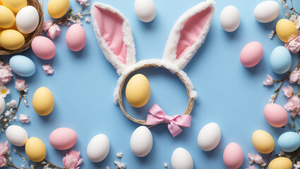 A blue background with a pink and yellow bunny made of eggs and surrounded by pastel-colored eggs.

