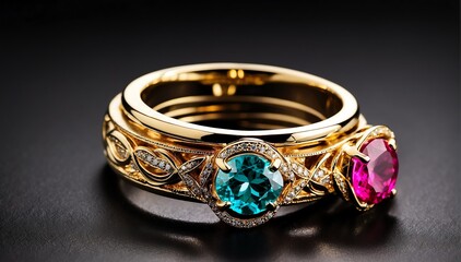 pair of gold rings with colorful gemston plain black background from Generative AI